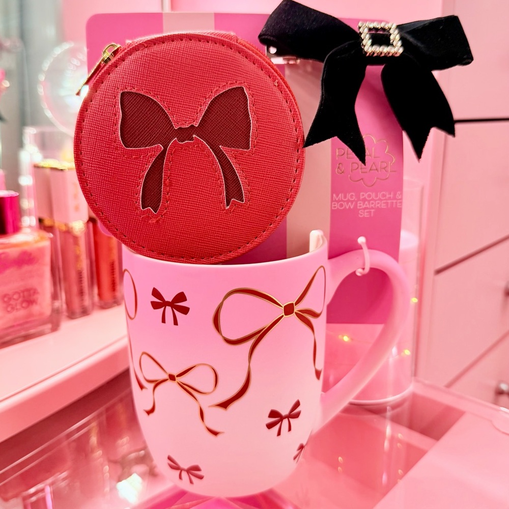 Pink Ceramic Cup Red Bows Petal & Pearl Coquette Mug Pouch & Bow Barrette Set